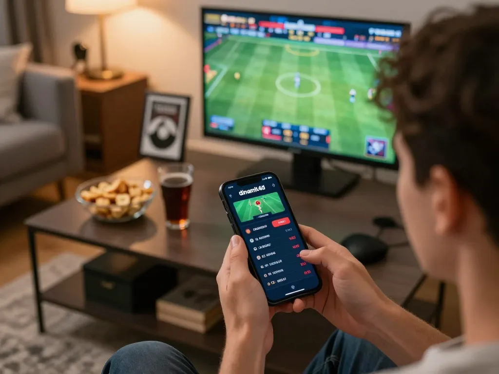 Excited player analyzing dinamit4d betting odds on smartphone during live sports event.