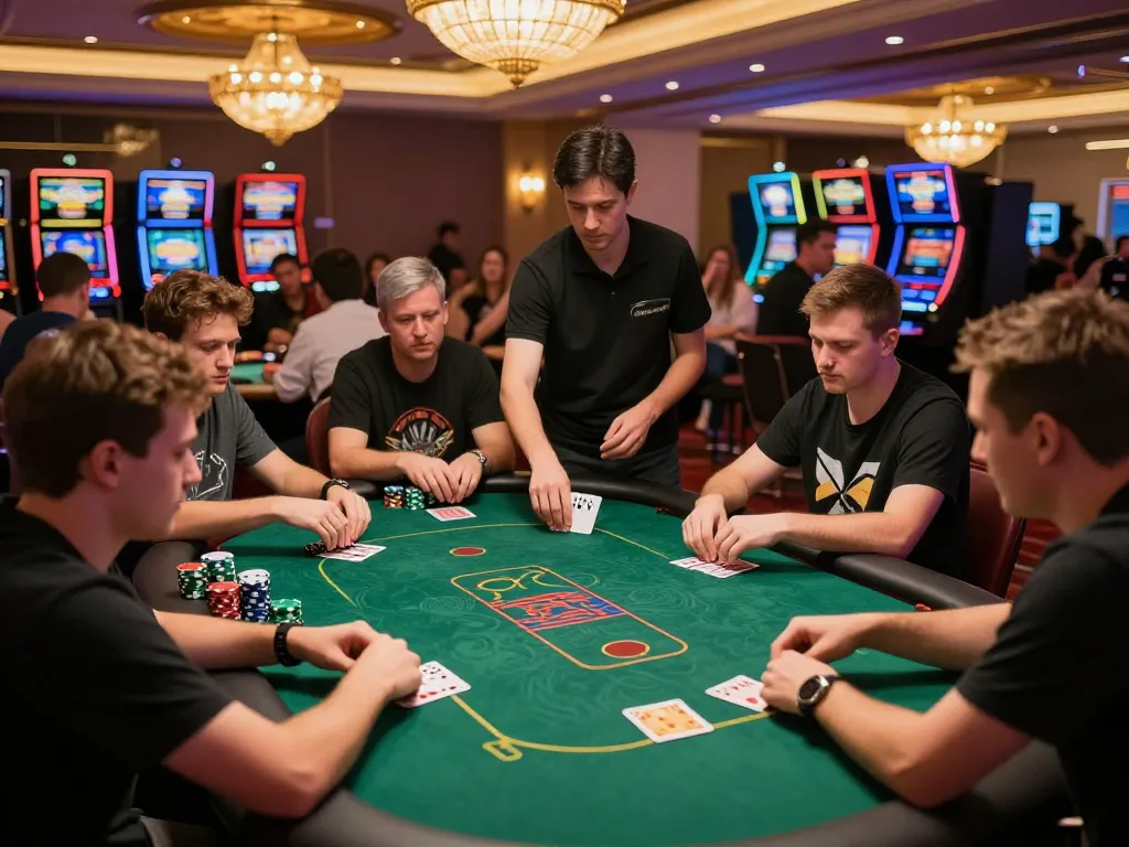 Players strategizing at sun win poker table, showcasing vibrant chips and intense focus.