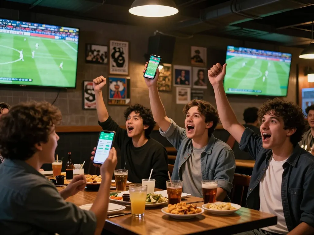 Fans intensely watching trực tiếp bóng đá hôm nay in a lively sports bar, engaging with betting apps on their smartphones.
