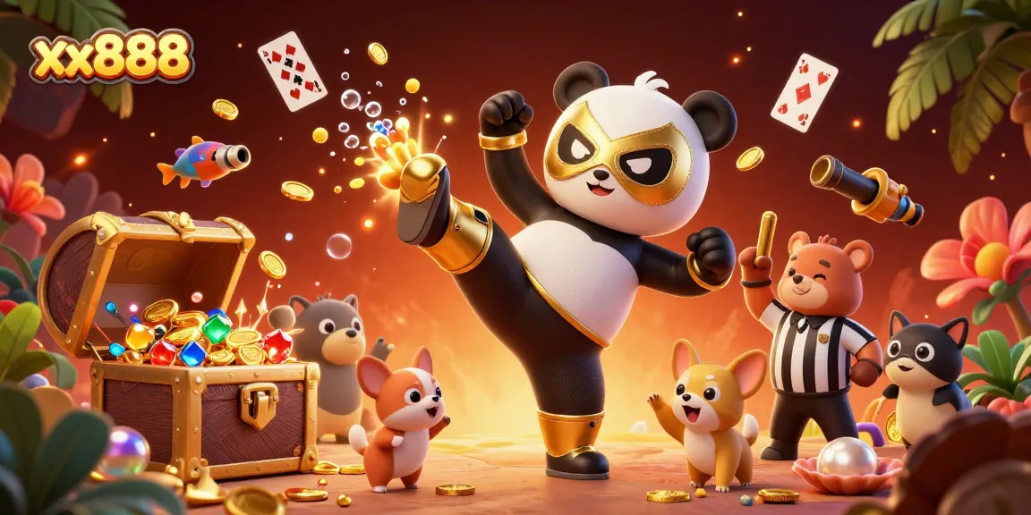 Engage in thrilling gameplay with xx888, a dynamic scene involving a panda wrestler and chihuahua referee amidst treasure and fun.