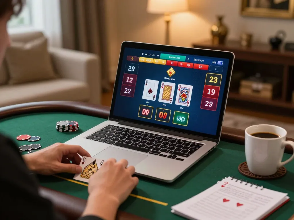 Player engaging in live blackjack on fabet in a cozy home setting with strategy notes visible.