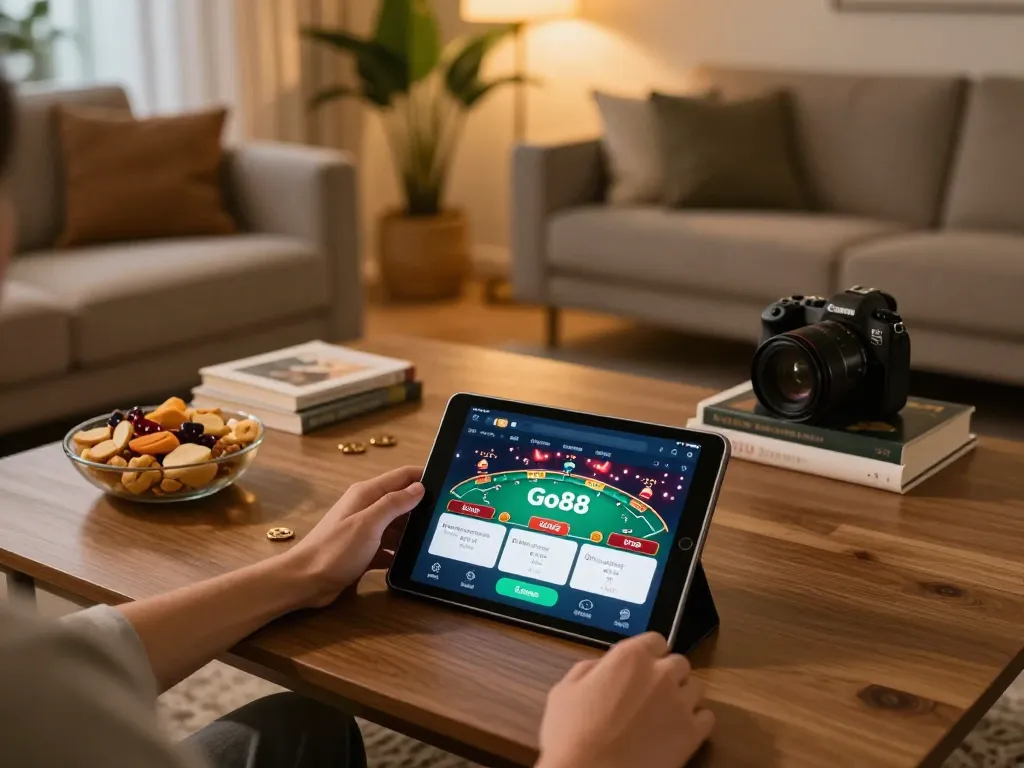 Tải Go88 on a tablet while enjoying a cozy home gaming setup in a modern living room.