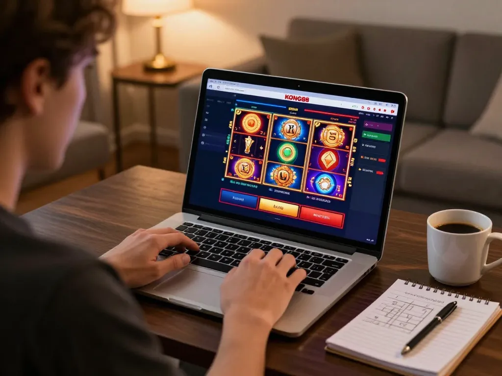 KONG88 player engaging in thrilling online casino gameplay surrounded by warm home ambiance and strategy notes.