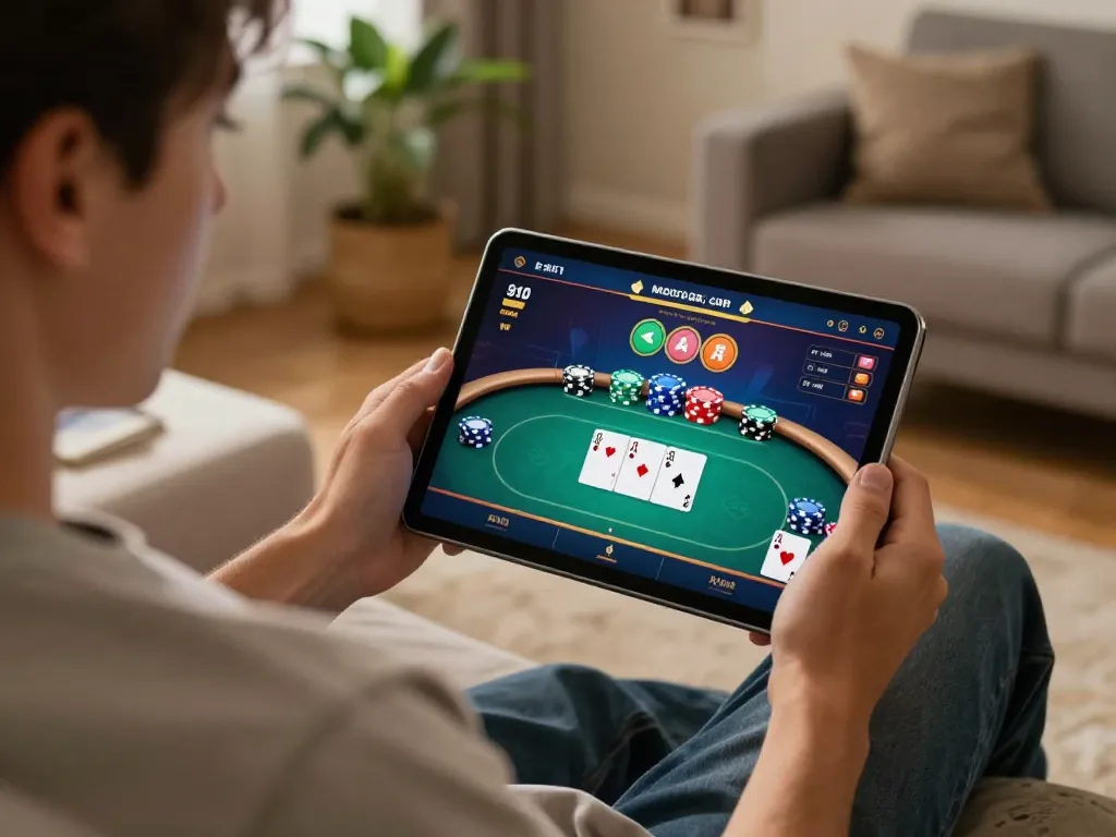 Pemain yang terlibat dalam permainan situs togel menggunakan tablet, menunjukkan permainan strategis di suasana rumah yang nyaman.