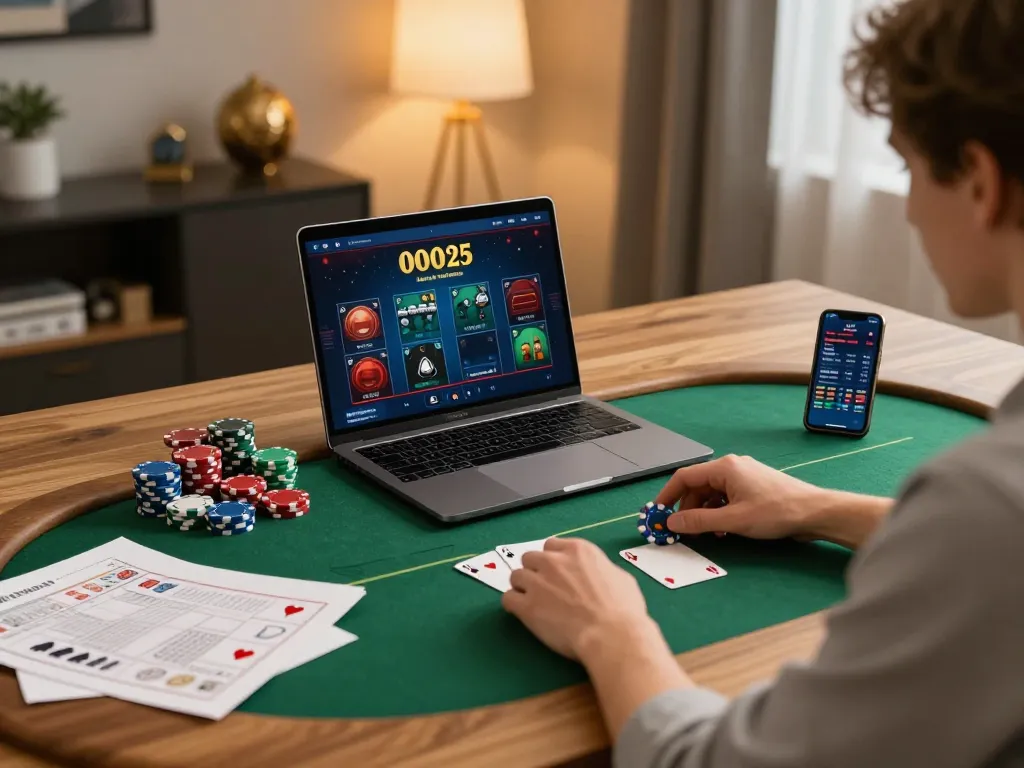 Engaging in online poker at a stylish desk setup at https://sc88.casino/, showcasing a cozy gaming environment.