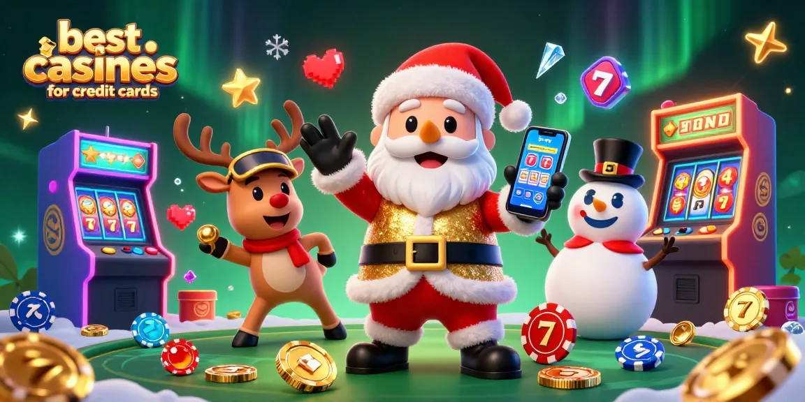 Experience the thrill at the best online casinos for credit cards with festive characters in a vibrant casino scene.