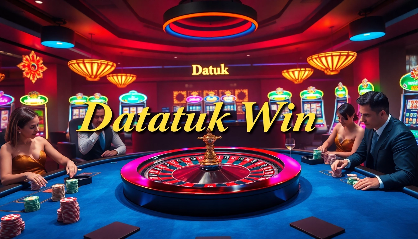 Visualisasikan adegan kasino yang mendebarkan yang fokus pada Datuk Win, menampilkan rolet, meja poker, dan parapetaruh yang antusias.