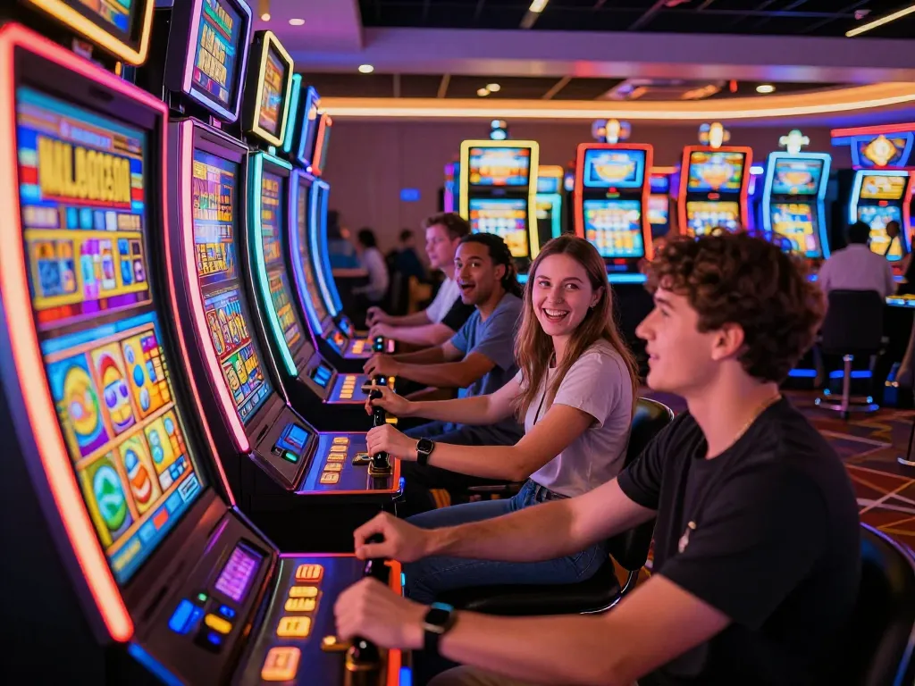 Players enjoying the excitement of link slot machines in a vibrant casino environment.