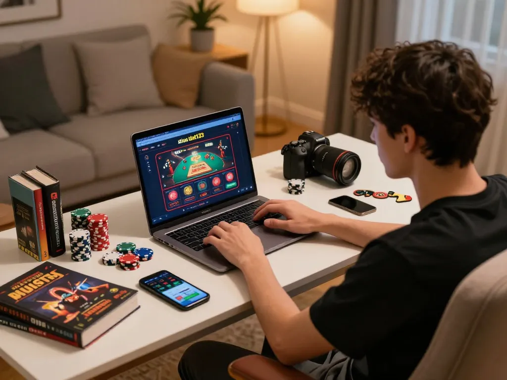 situs ulat123 online casino gaming setup with player using laptop and betting strategies visible