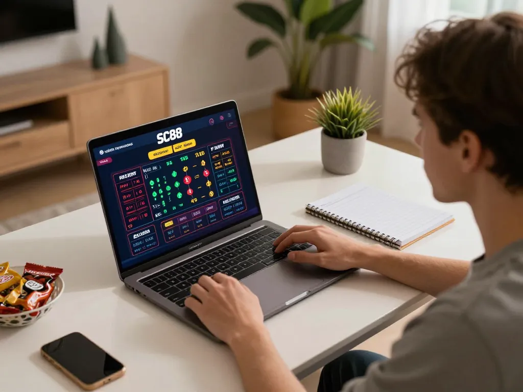SC88 online gaming session with player analyzing betting strategies on laptop.