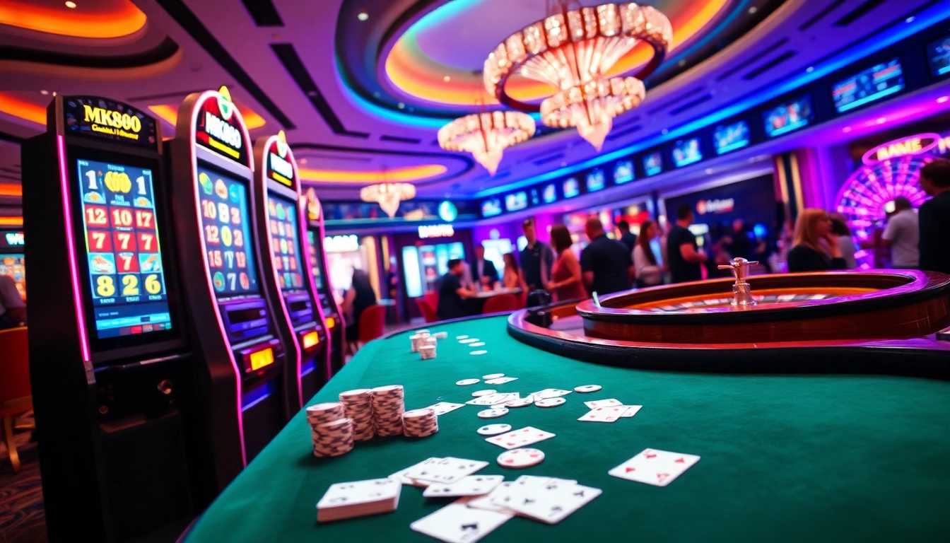 Player enjoying the MK888 slot machine amid a vibrant casino atmosphere.