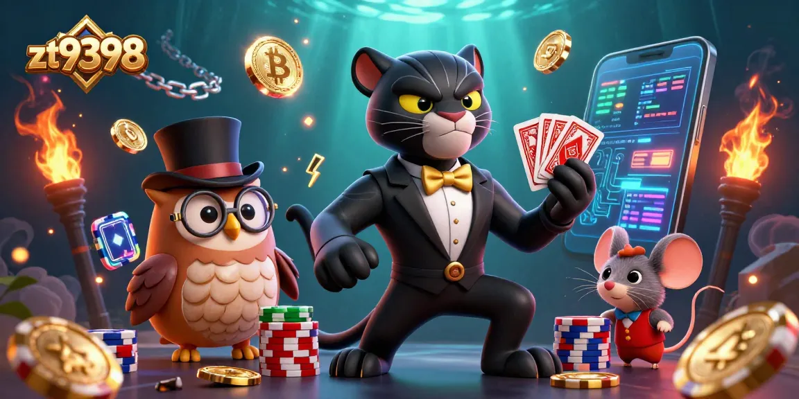 Play exciting games at zt9398, where a tuxedoed panther deals cards amid vibrant casino elements.
