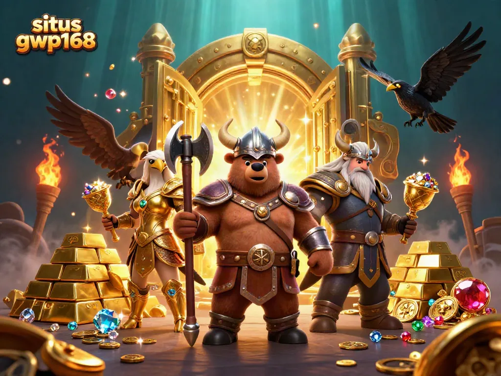 Menangkan permainan di situs gwp168 sambil menjelajahi harta karun emas dan permata dalam ilustrasi menarik.