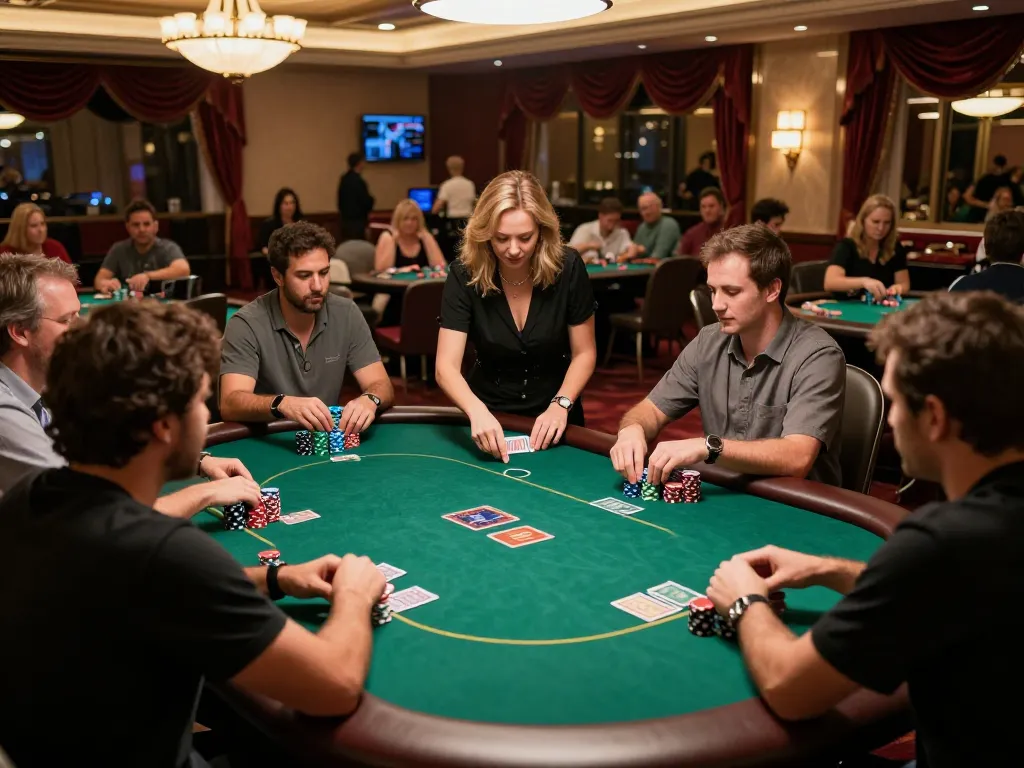 Engaged players strategizing at a poker table in a lavish casino, reflecting the excitement of online usa casinos.