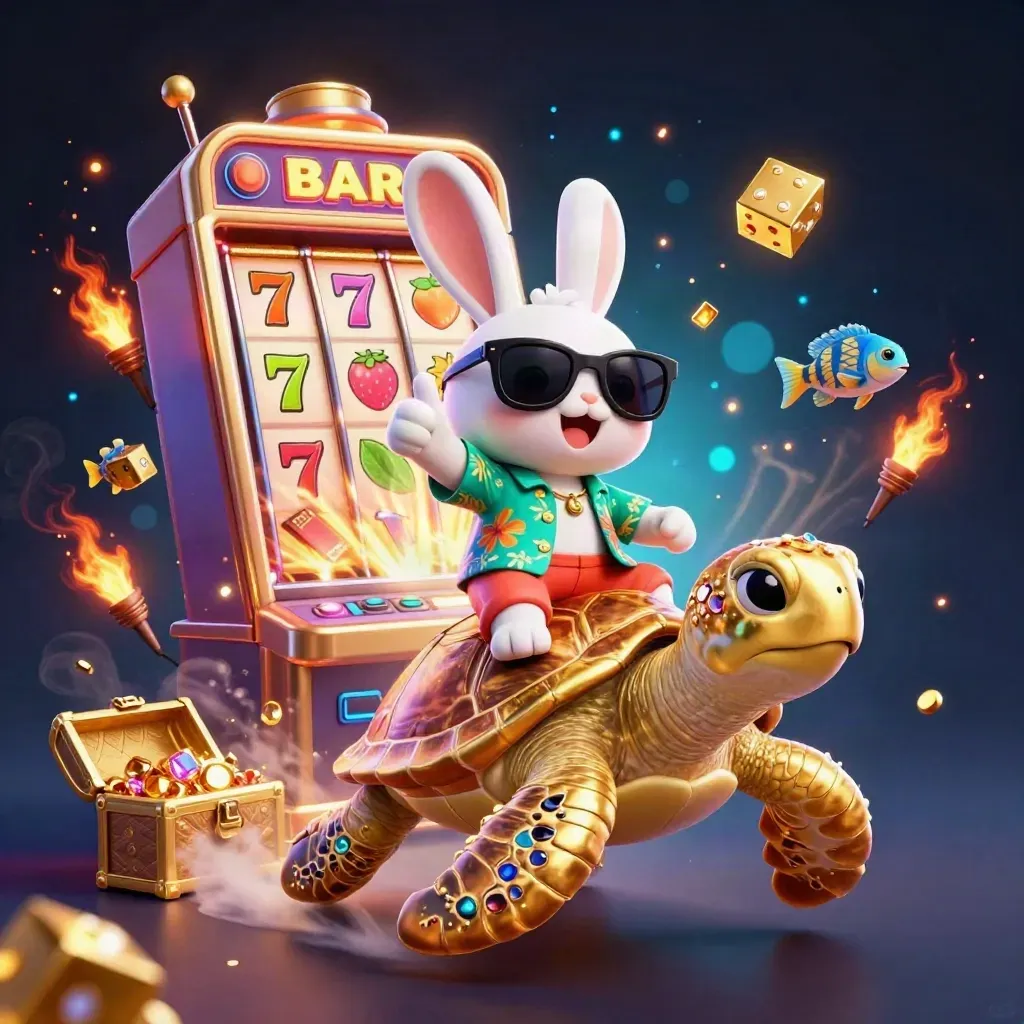 Cartoon rabbit on a golden sea turtle amid jackpot slot bursts and glowing treasure.