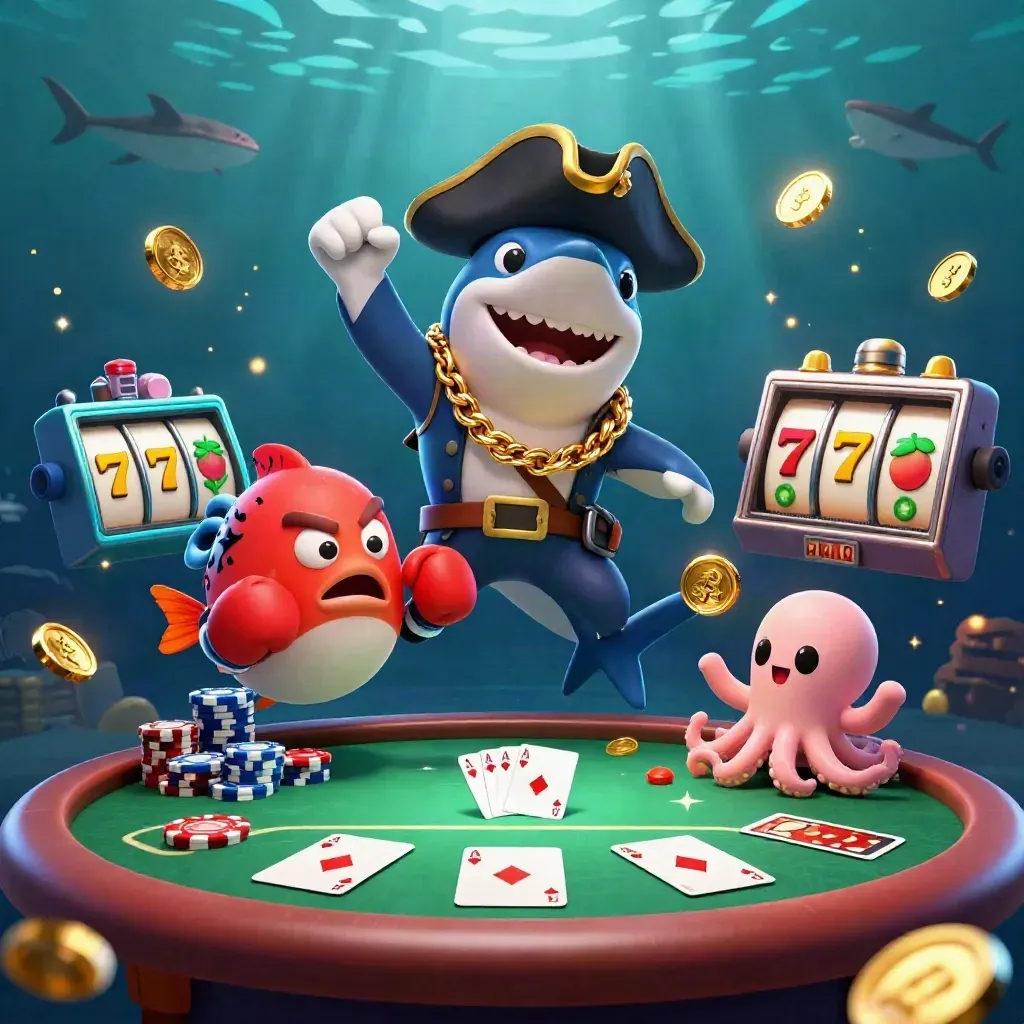 Pirate shark, pufferfish, and octopus amid glowing casino loot underwater