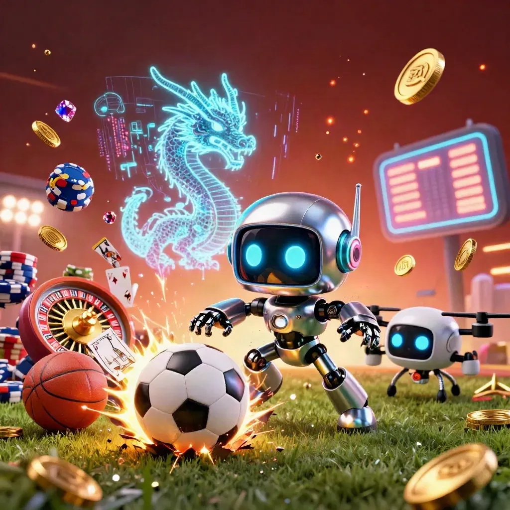 Cyberpunk robot, holographic dragon and drone around a flying soccer ball with casino effects.