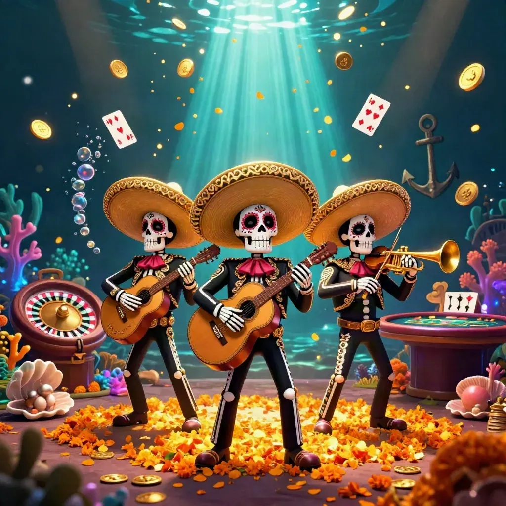 Skeleton mariachi trio in an underwater treasure casino with glowing coral, roulette, and gold coins