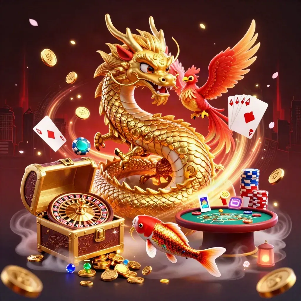 Golden dragon, phoenix, and koi amid casino treasures, glowing in a luxe neon night scene.