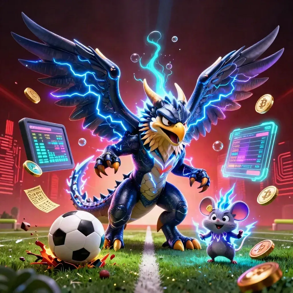 Thunder dragon, wind hawk and crackling mouse amid flying balls, coins and neon casino energy.