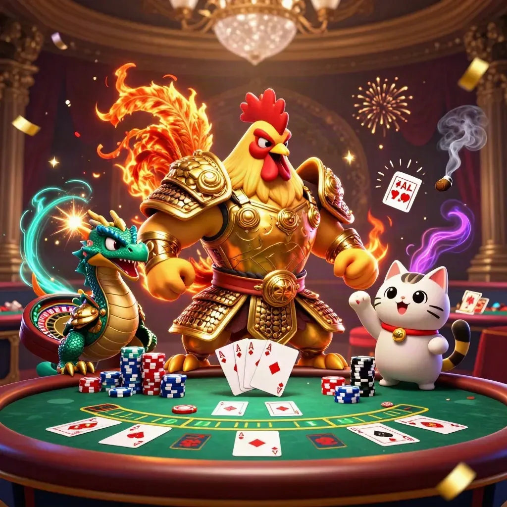 Rooster warrior, spark-breathing dragon hatchling, and cheering fortune-cat amid casino wealth.