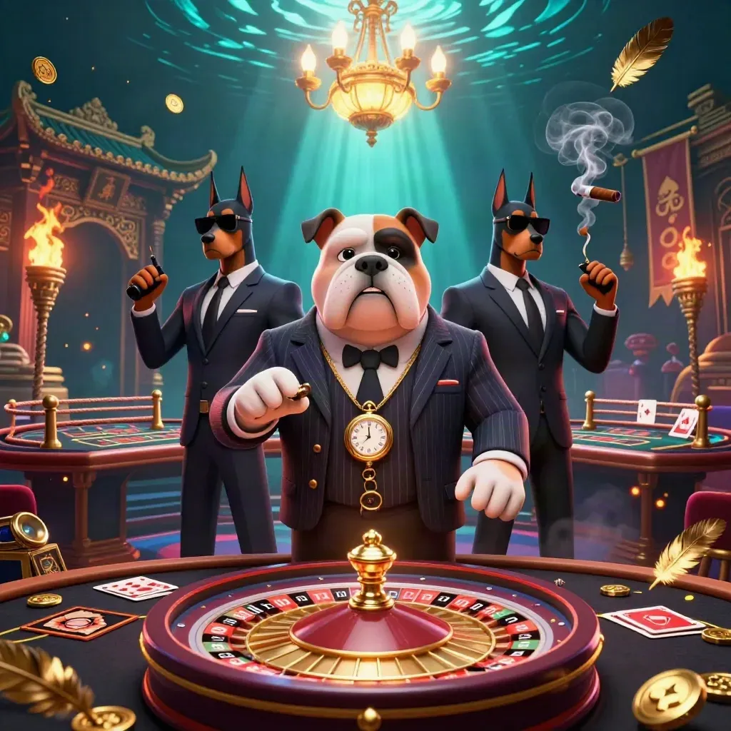 Bulldog mob boss with two Dobermans amid casino props, torchlight, temple gate, and glowing embers.