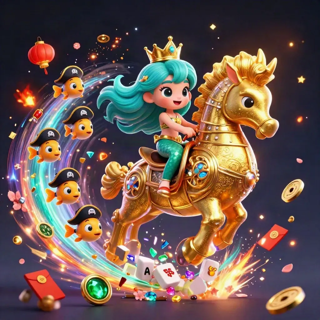 Mermaid princess on a gold seahorse amid pirate fish, gems, lanterns, and casino sparkle.