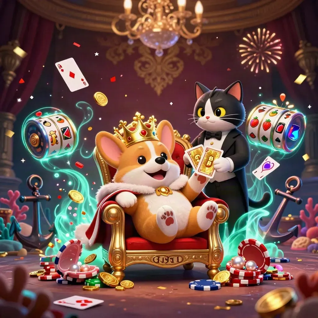Crowned corgi and cat butler in a treasure cove with coins, coral, cards and glowing teal magic