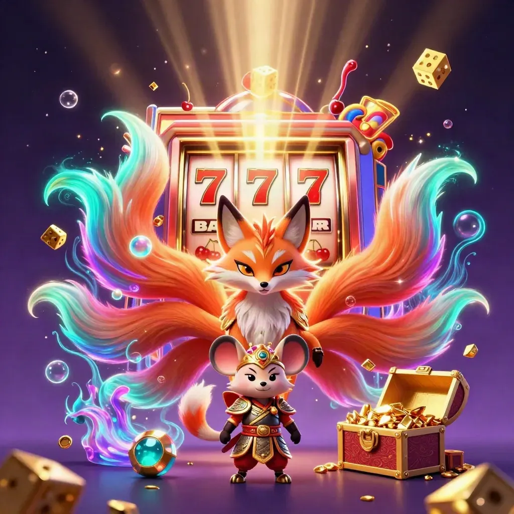 Nine-tailed fox spirit and armored mouse burst from a jackpot slot machine with gold, teal, and purple glow.