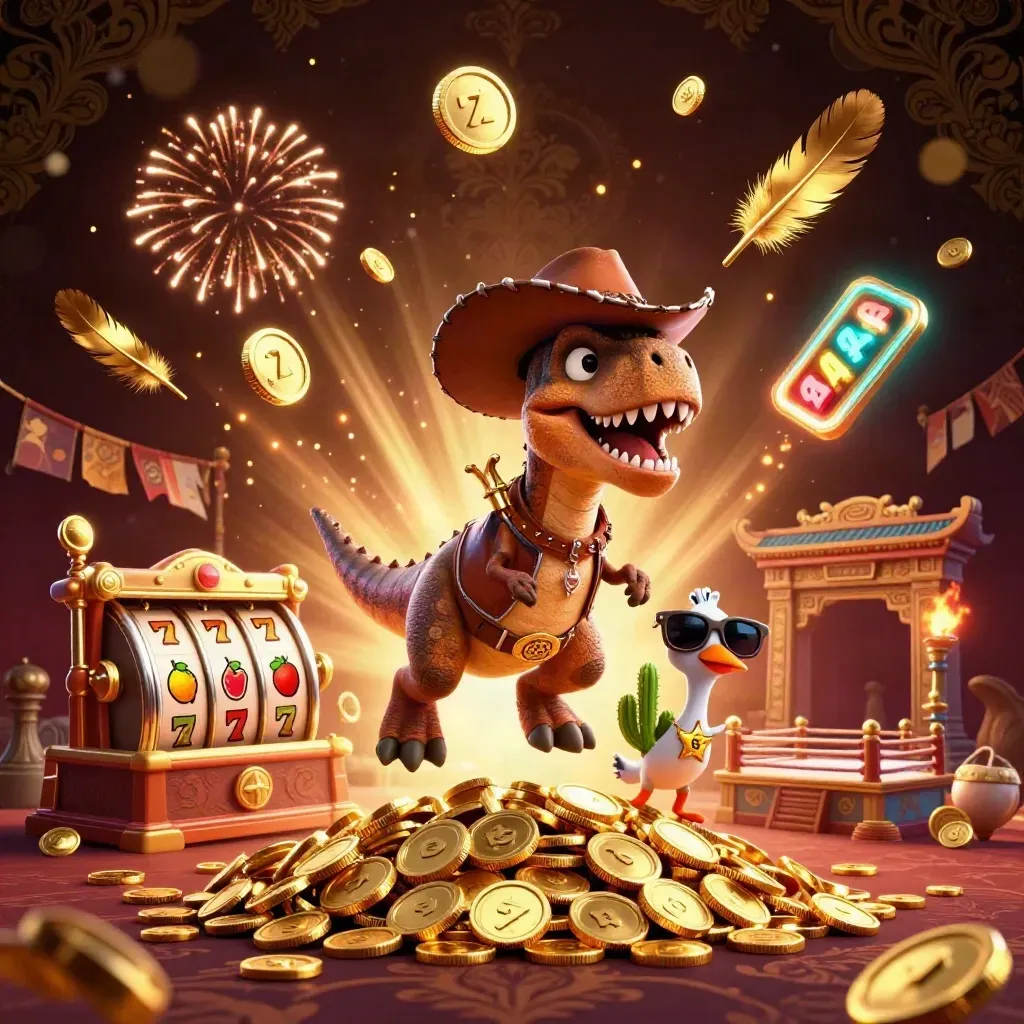 Cartoon cowboy T-Rex, cactus, and roadrunner amid coins, reels, fireworks, and luxury casino glow