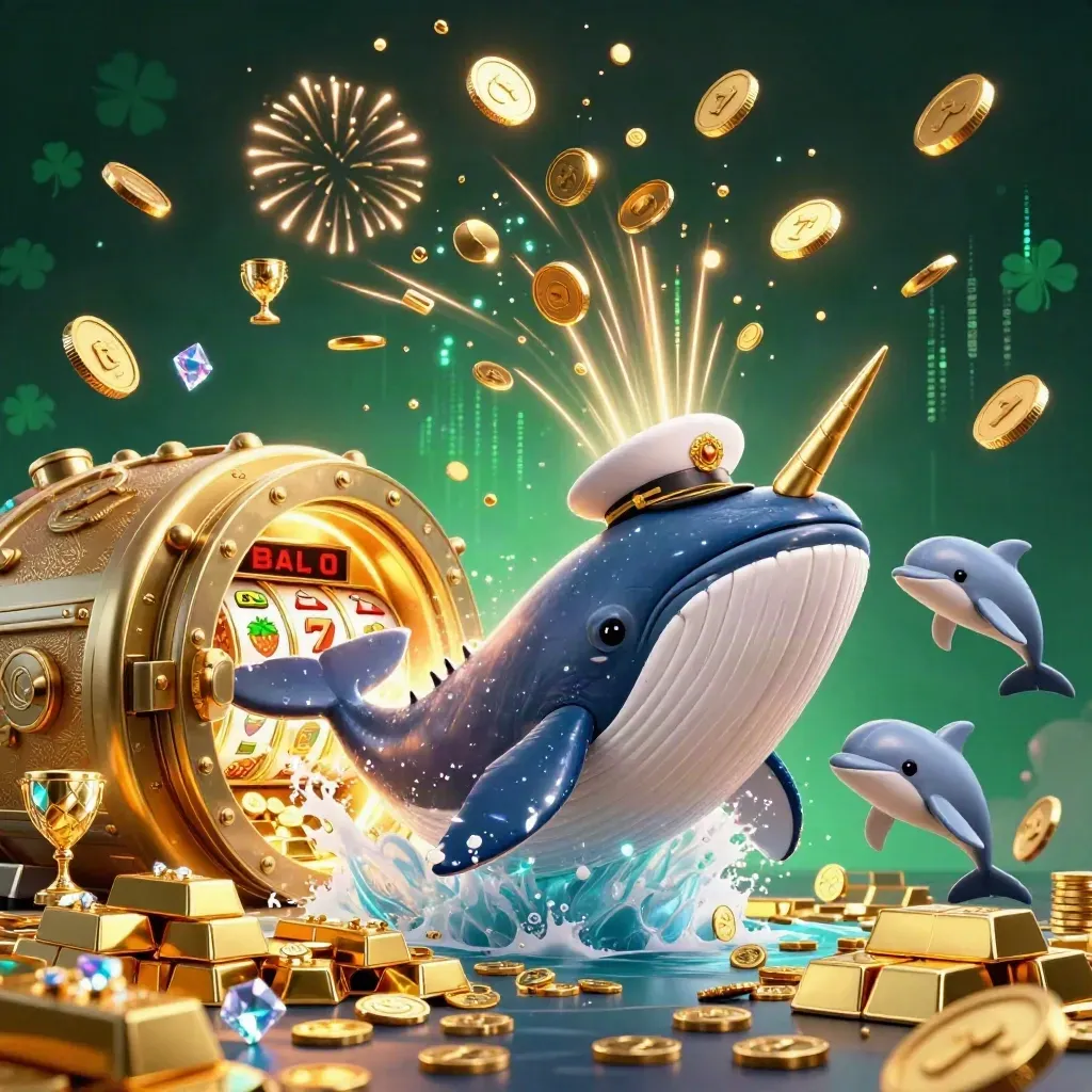 Whale captain, narwhal, and dolphins burst from a glowing coin vault in premium casino key art.