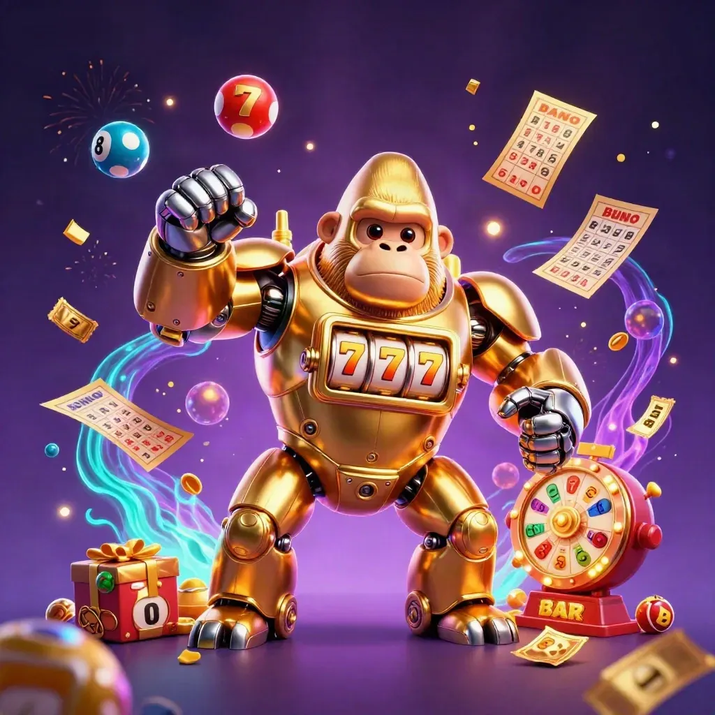 Golden gorilla slot mech bursts with coins, lottery balls, prize wheel, and fireworks on a dark neon background.