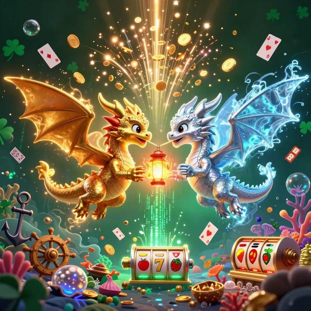 Twin gold and silver dragons spiral through coin spray in a neon treasure cove.