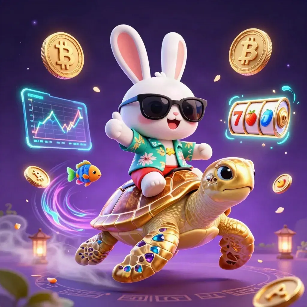 Rabbit in sunglasses rides a golden sea turtle amid neon coins, fish, and casino magic.
