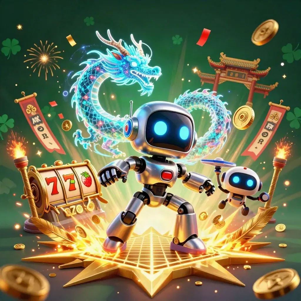 Chrome robot, holographic dragon, and coin drone amid gold coins, reels, fireworks, and temple gate
