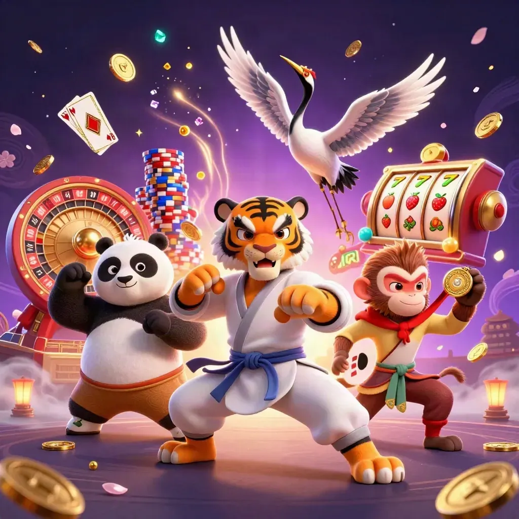 Tiger, panda, and monkey casino heroes burst through coins, cards, chips, and glowing magic