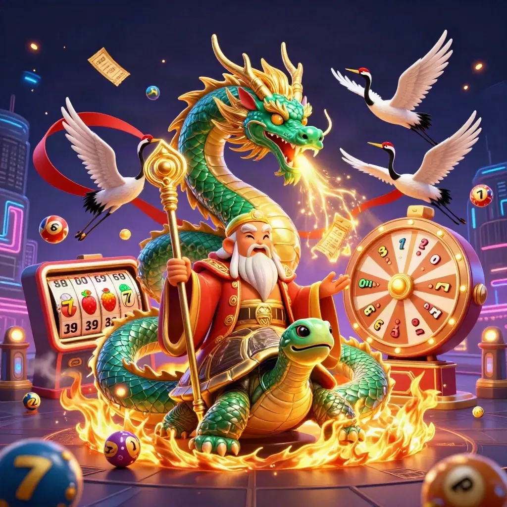 Emerald dragon, turtle sage, and cranes amid casino symbols and glowing fire