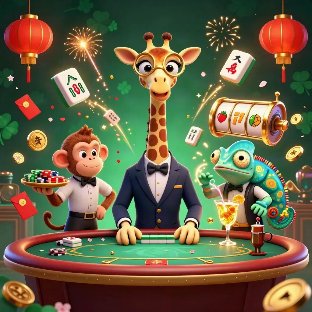Giraffe, monkey valet, and chameleon bartender amid casino symbols, coins, lanterns, and fireworks