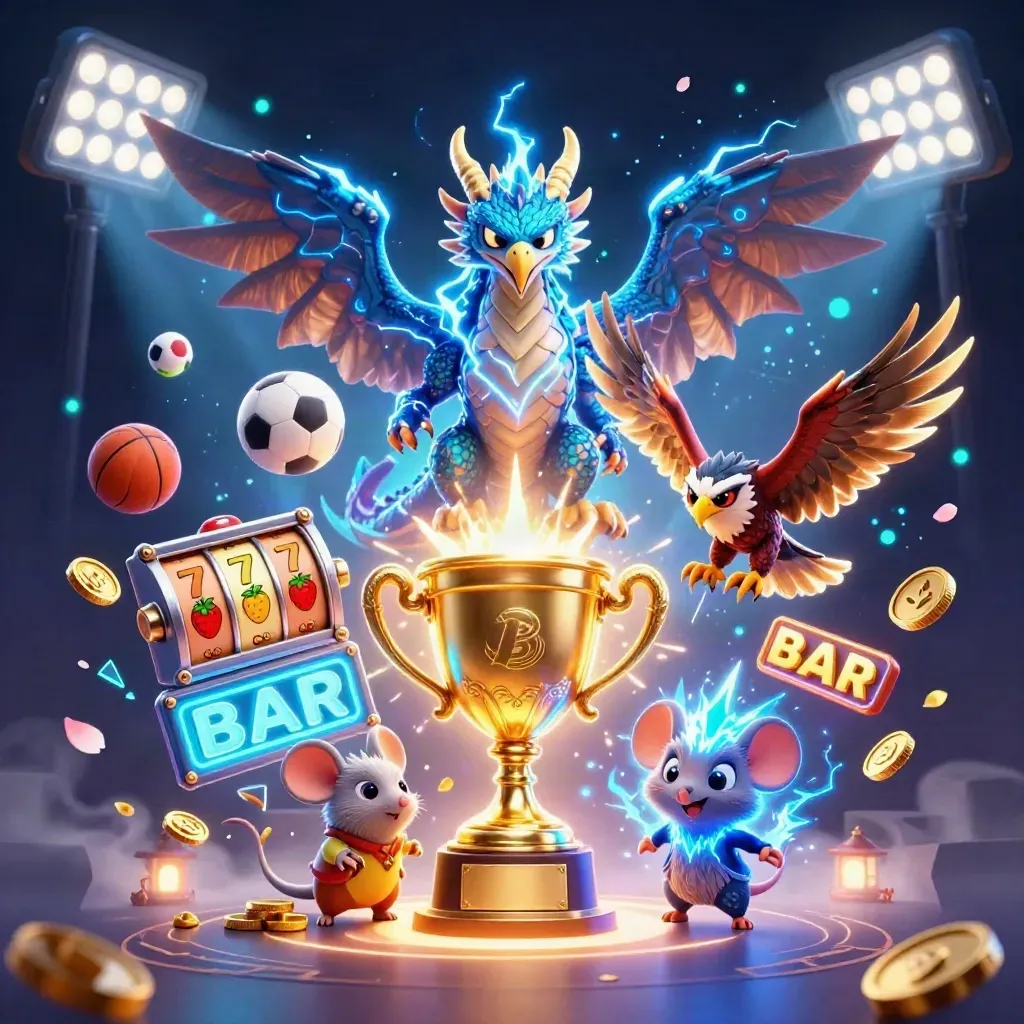 Thunder dragon, wind hawk and static mouse swirl around a glowing trophy with slot reels and gold coins.