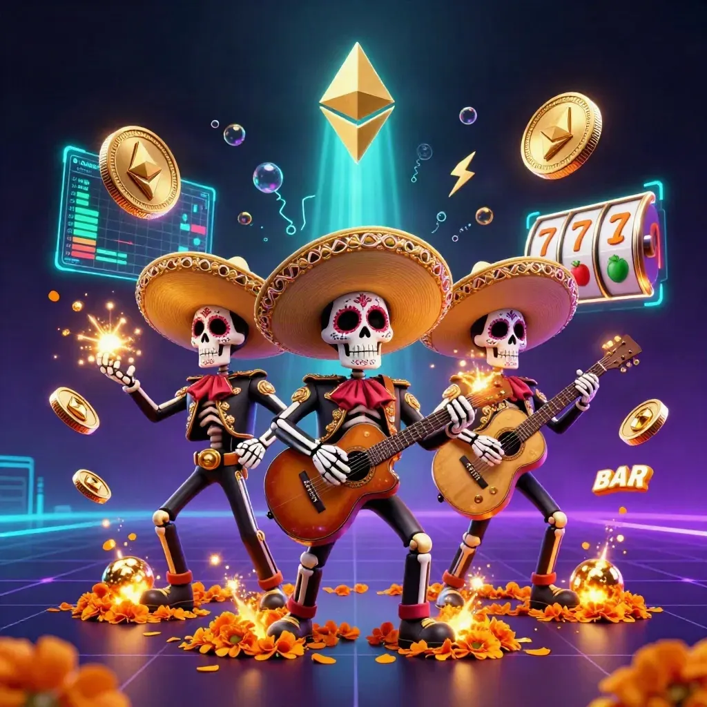 Skeleton mariachi trio amid glowing coins, reels, and neon sparks in a luxe casino scene.