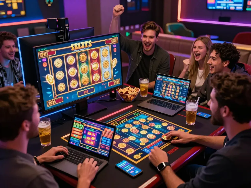 Teman-teman menikmati permainan slot link gacor bersama di lounge permainan yang meriah.