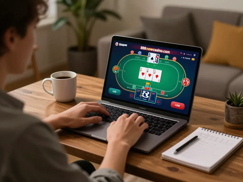 Engaging in online poker at 888newcasino com from a cozy home office setup with strategic notes