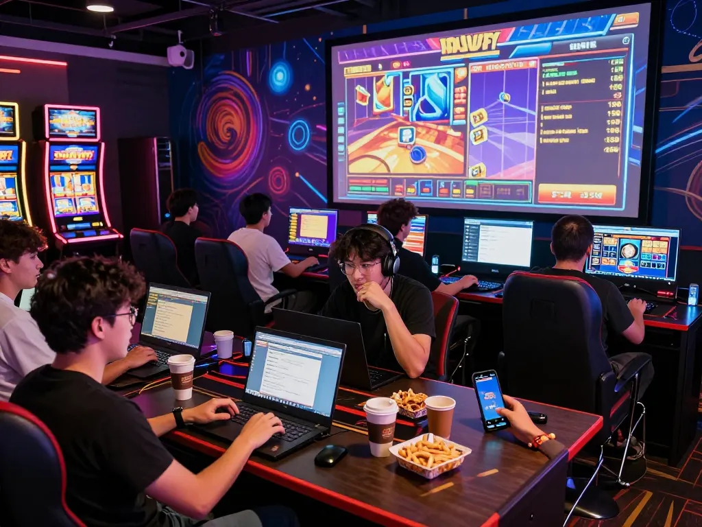Players engaging in exciting online gaming with link gacor slots featured on screens, vibrant atmosphere with neon lights.