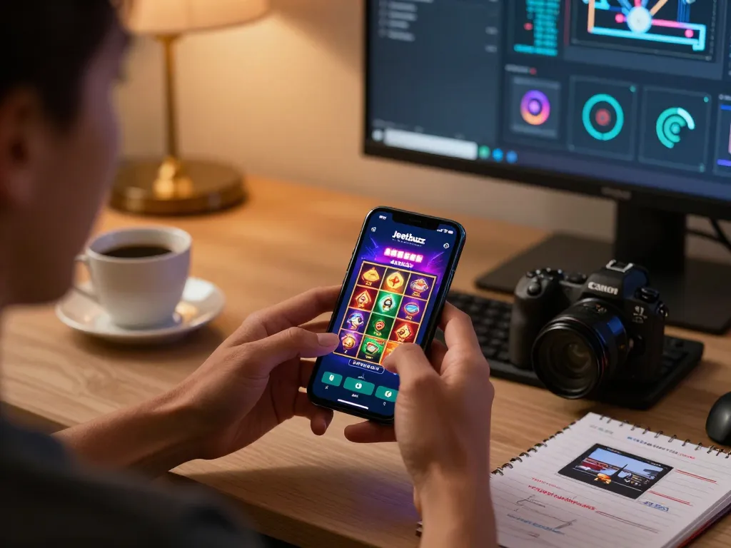 Engaging with Jeetbuzz app for online gaming on smartphone in comfortable home setup.