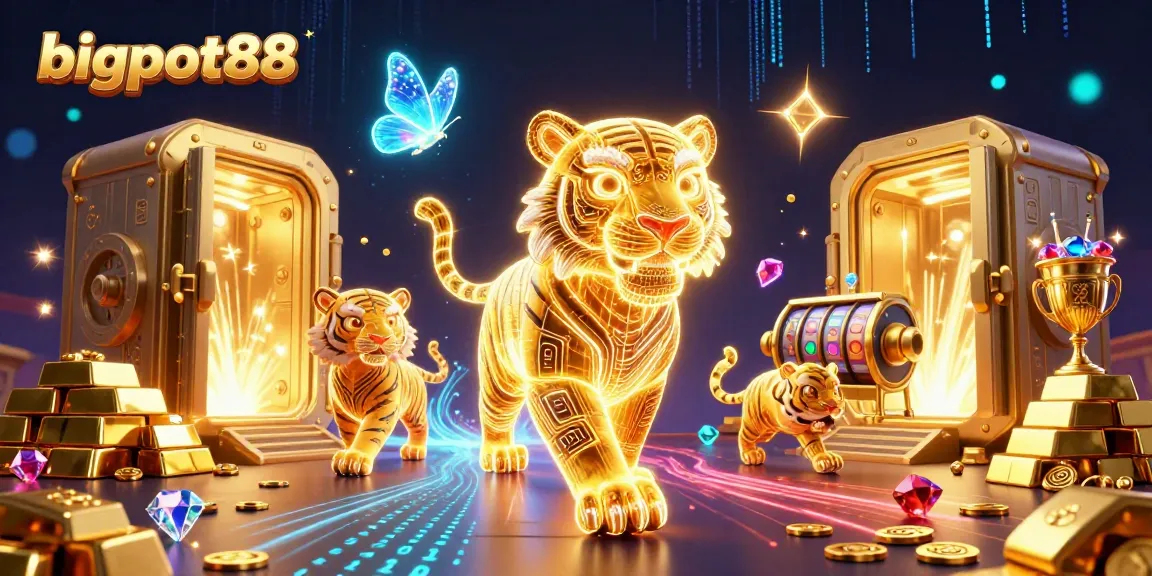 Experience bigpot88 as a vibrant 3D casino scene filled with gold coins and slot reels.