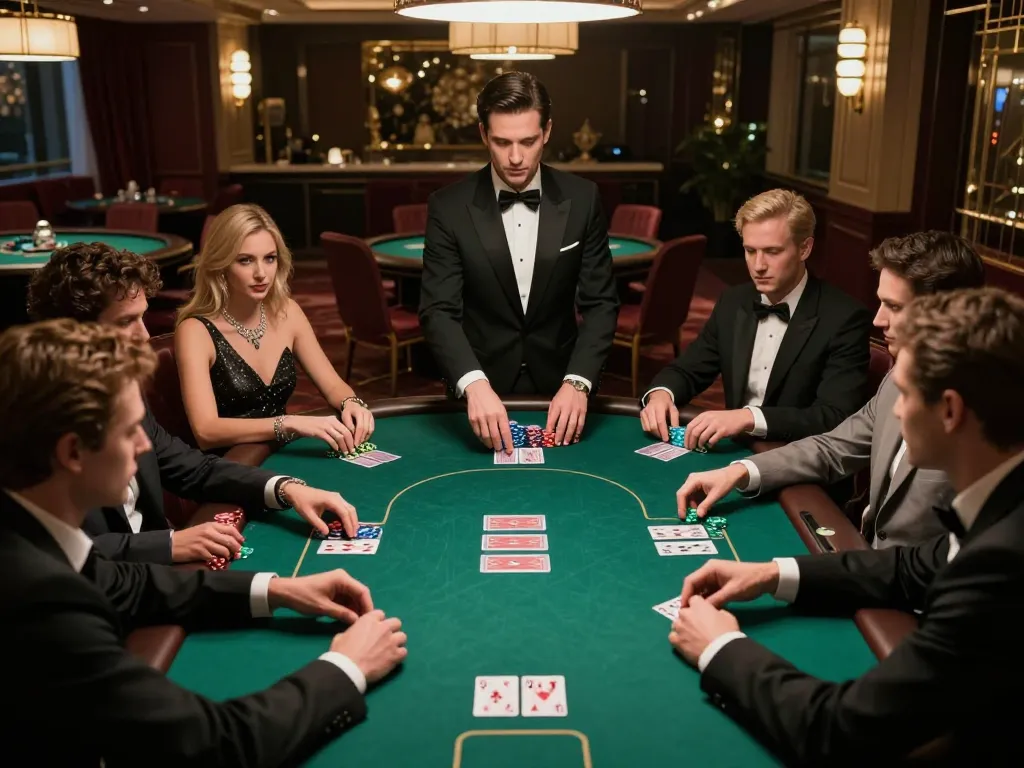 7M poker players strategizing bets in a luxurious casino setting