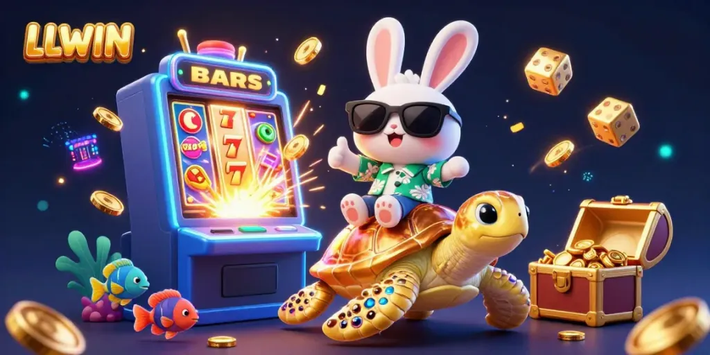 Join the fun at LLWIN with a lucky rabbit and golden sea turtle amidst vibrant casino elements, enjoying the thrill of big wins.