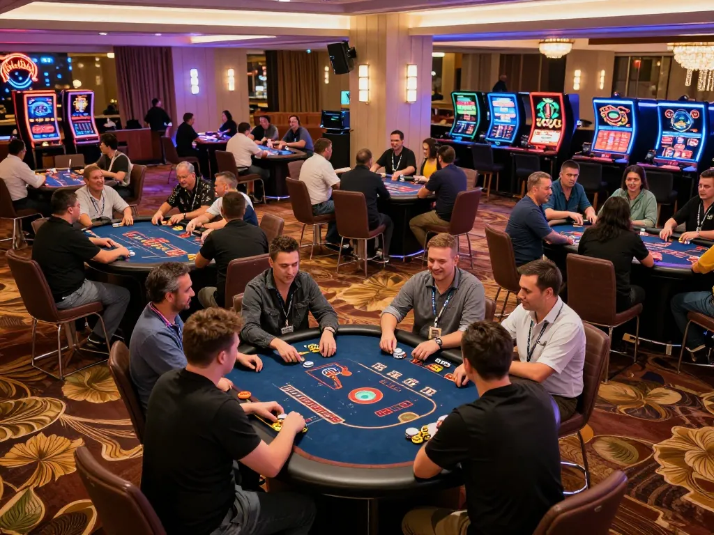 Players enjoying strategic gameplay of 789 poker and blackjack at a vibrant casino floor.