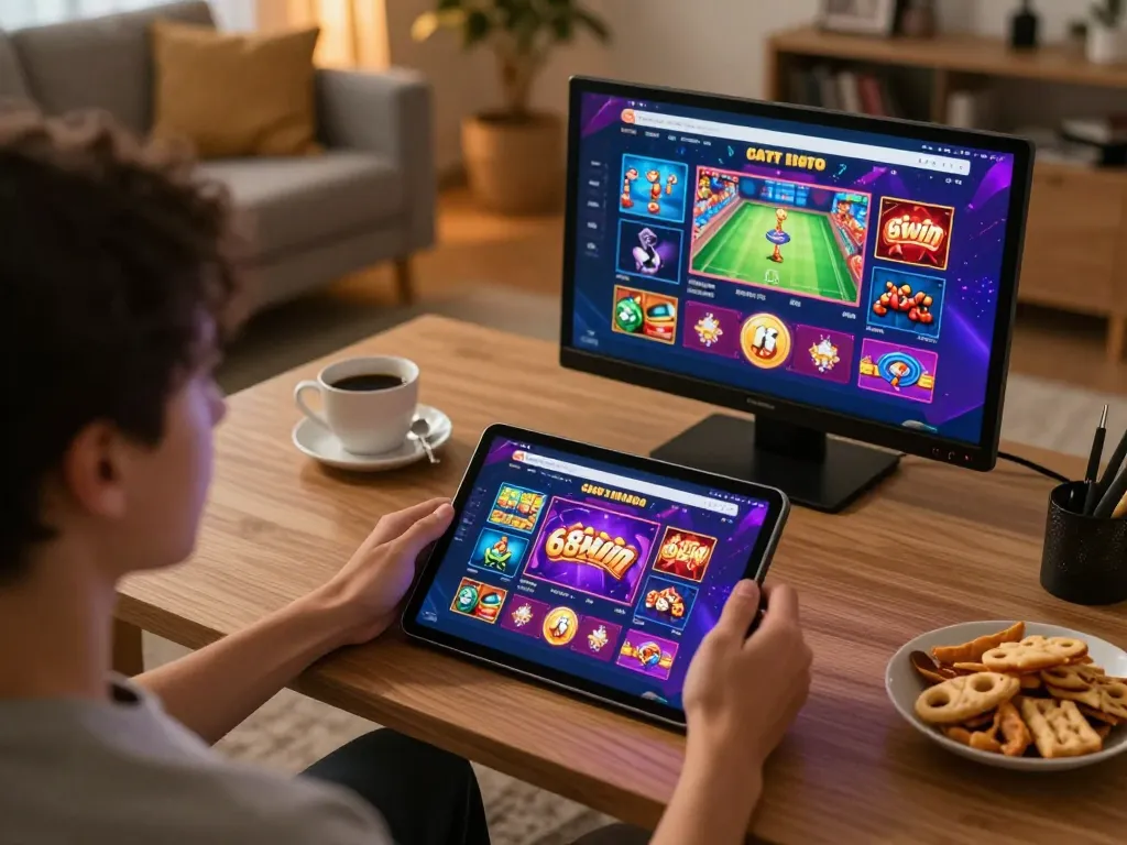Player enjoying an online casino game at 68win on a tablet in a cozy home setting