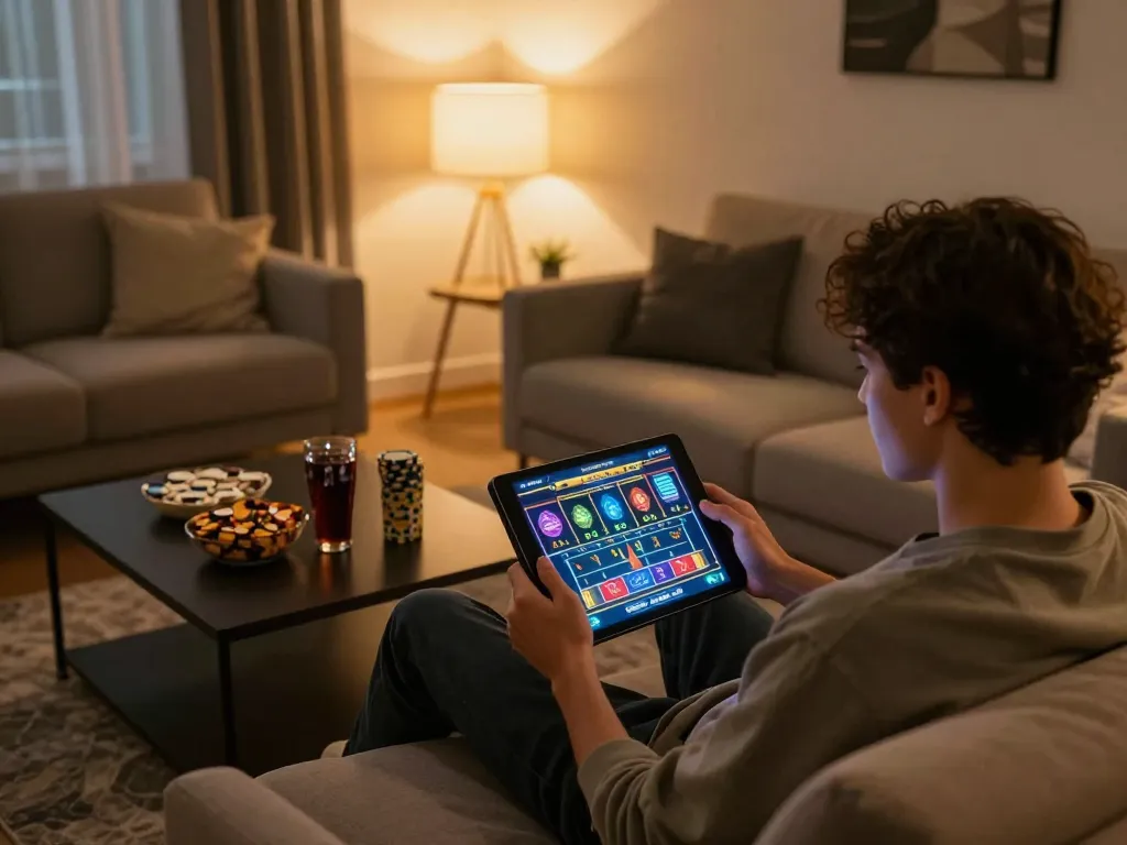 Engaging in online casino gaming at home with 789bet on tablet, showcasing a vibrant and interactive atmosphere.